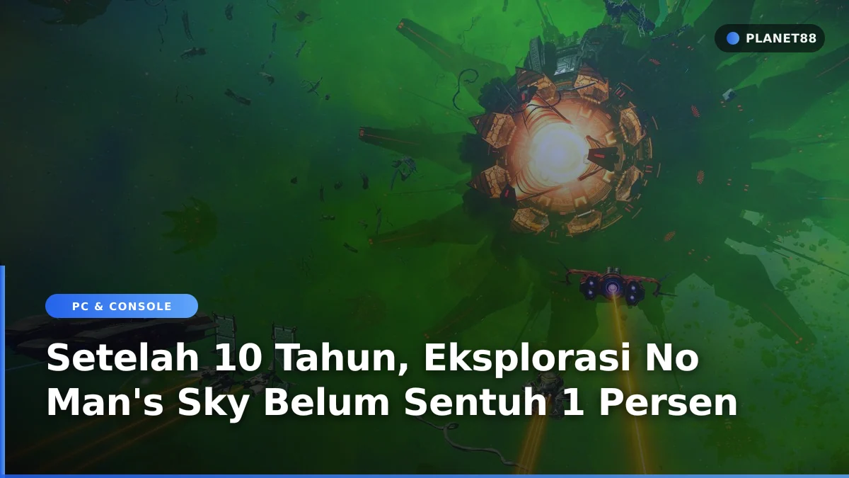 Pesawat ruang angkasa mendekati planet asing dalam game No Man's Sky