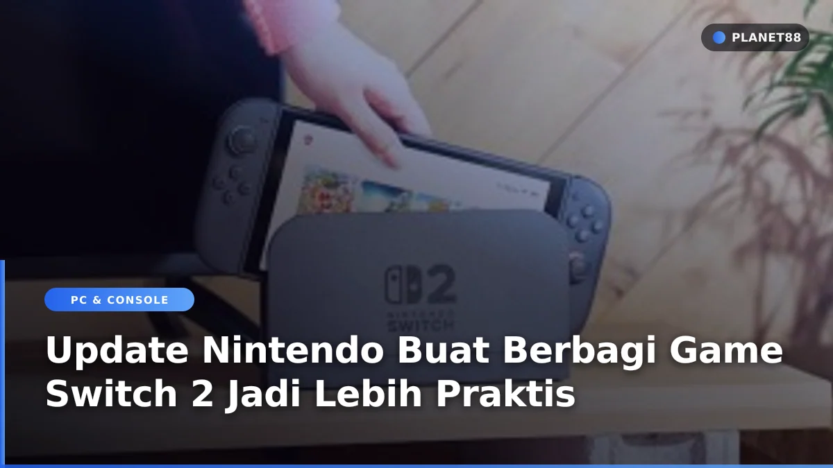 Pemain sedang memegang konsol Nintendo Switch dengan latar belakang perpustakaan game digital